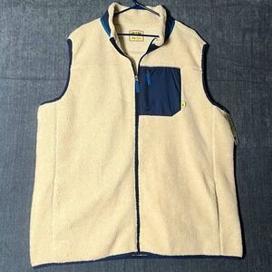 NWT Lake & Trail Mens Fleece Vest XXL Ivory Blue Full Zip Pockets Stand-Up READ